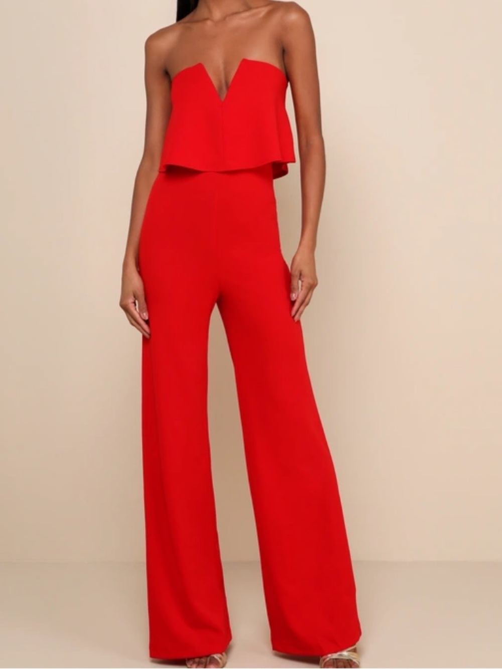 Lulu's Power of Love Red Strapless Wide-Leg Jumpsuit | Women’s Small
